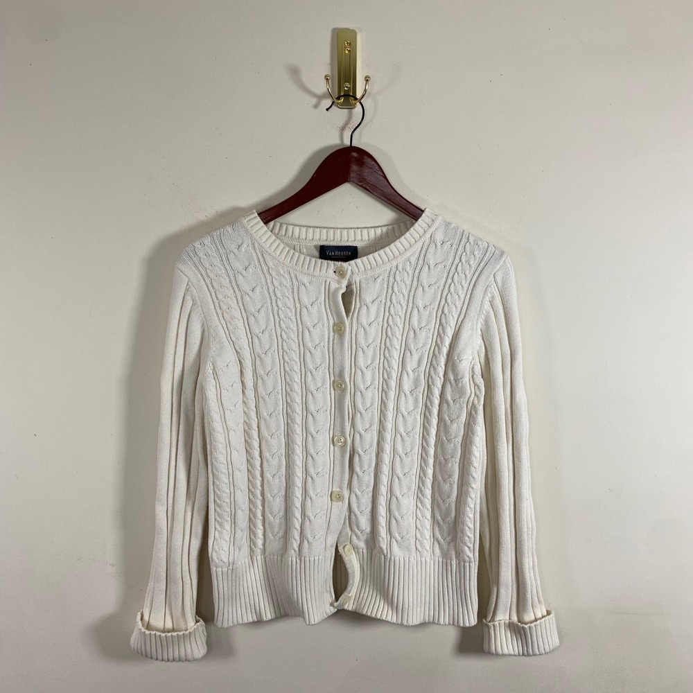 Vintage Y2K Van Heusen Cable Knit Cardigan Sweater Cream Cotton Women's Large